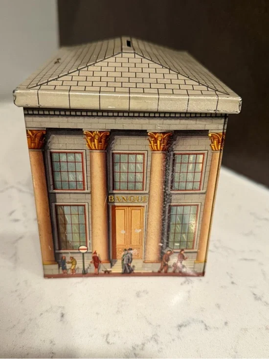 Vintage DBF Bank Biscuit Tin Money 1948 Louis Ruymen House Shaped With Key - Picture 3 of 8